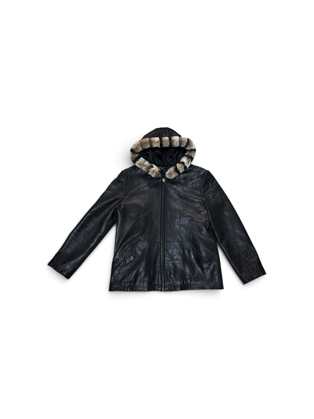Vintage Tiboa Leather Chinchilla Fur Hooded Jacket Large Thinsulate Lined